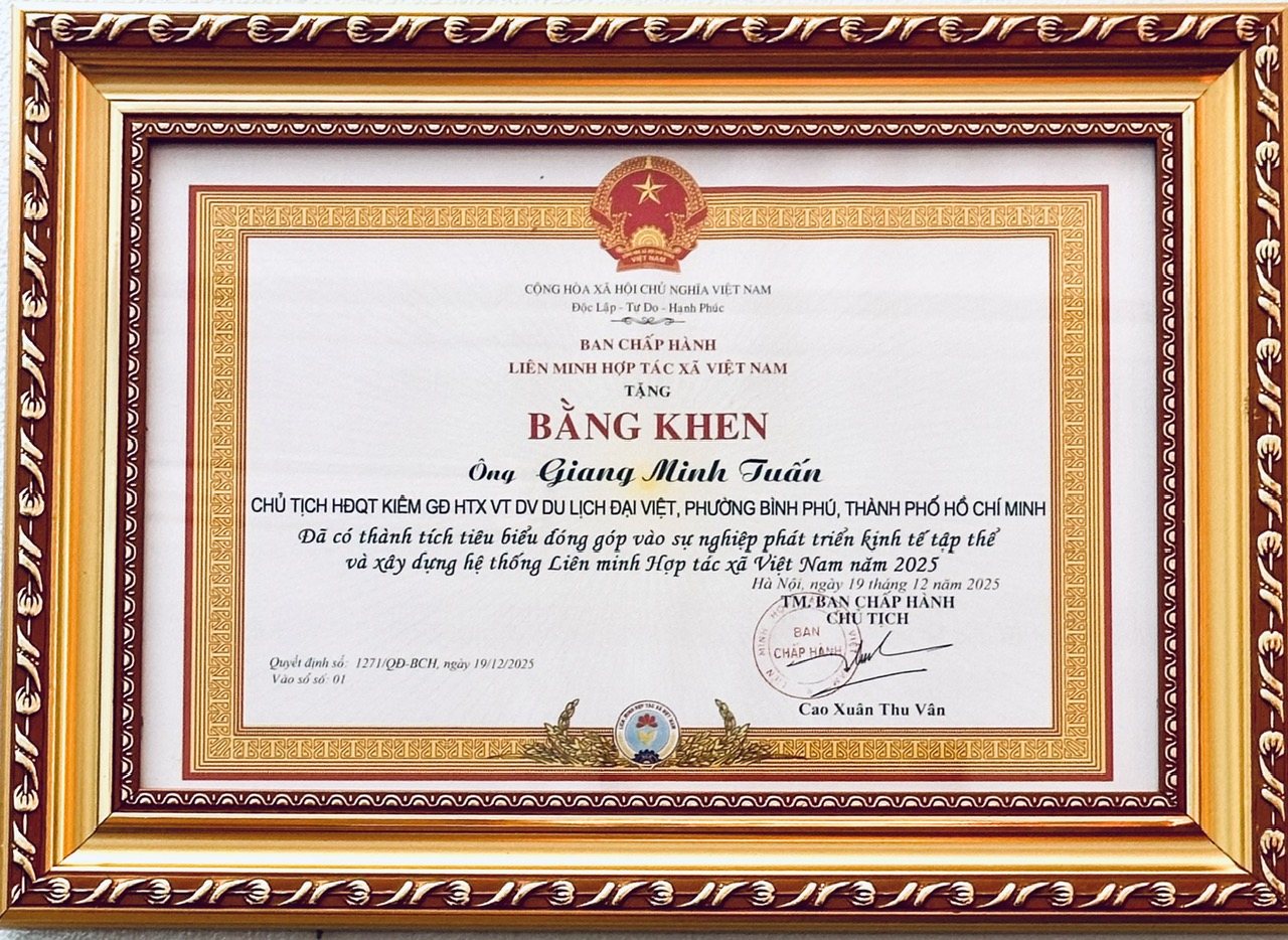 Bằng khen của Ban Chấp hành Liên minh Hợp tác xã Việt Nam tặng ông Giang Minh Tuấn năm 2025
